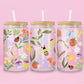 16oz glass tumbler with wildflowers, strawberries, butterflies, bees and ladybugs
