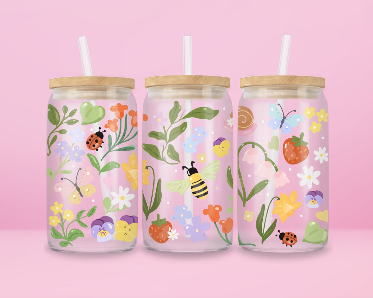 16oz glass tumbler with wildflowers, strawberries, butterflies, bees and ladybugs