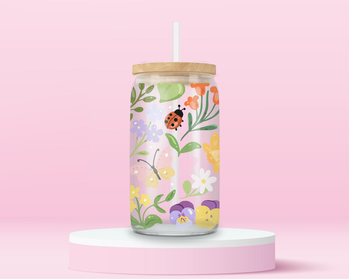 16oz glass tumbler with wildflowers, strawberries, butterflies, bees and ladybugs