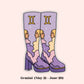 A die-cut sticker or graphic design of a pair of tall platform boots in lavender purple, featuring a Gemini zodiac theme with two Gemini profiles, clouds, stars, and the Gemini constellation symbol. The text below reads 'Gemini (May 21 - June 20)'.