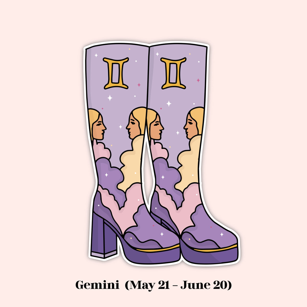 A die-cut sticker or graphic design of a pair of tall platform boots in lavender purple, featuring a Gemini zodiac theme with two Gemini profiles, clouds, stars, and the Gemini constellation symbol. The text below reads 'Gemini (May 21 - June 20)'.