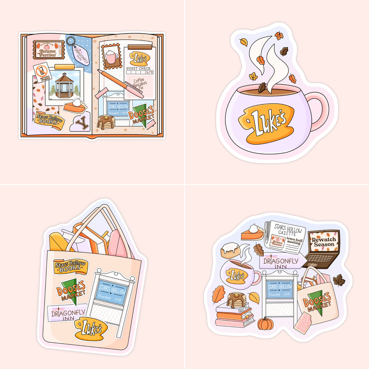 Gilmore Girls-inspired stickers featuring cozy Stars Hollow icons, Luke’s coffee, books, autumn details and town favourites