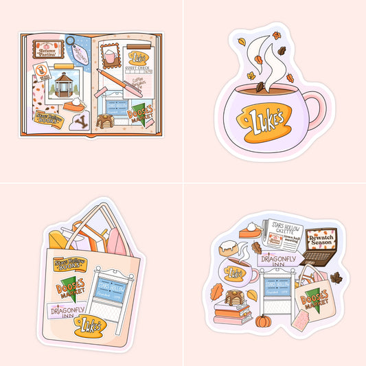 Gilmore Girls-inspired stickers featuring cozy Stars Hollow icons, Luke’s coffee, books, autumn details and town favourites