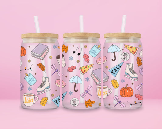 glass tumbler with illustrations of Luke’s coffee cup, “I Smell Snow,” ice skates, books, yarn, pumpkins, and fairy lights.