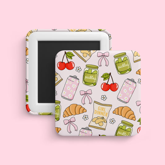 Girl dinner pattern magnet with pickles cherries croissants and bows on soft background