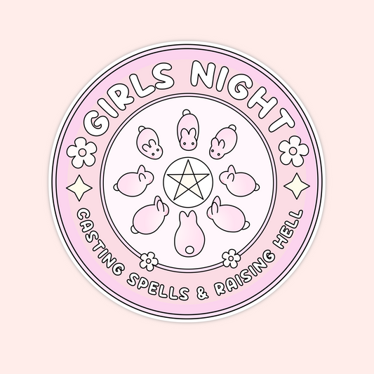 Cute pastel vinyl sticker featuring bunnies arranged in a spell circle with a pentagram and the phrase “Girls Night Casting Spells & Raising Hell.”