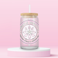 Pink girls night glass can tumbler with witchy bunny circle design, florals, and magical symbols, shown from multiple angles.
