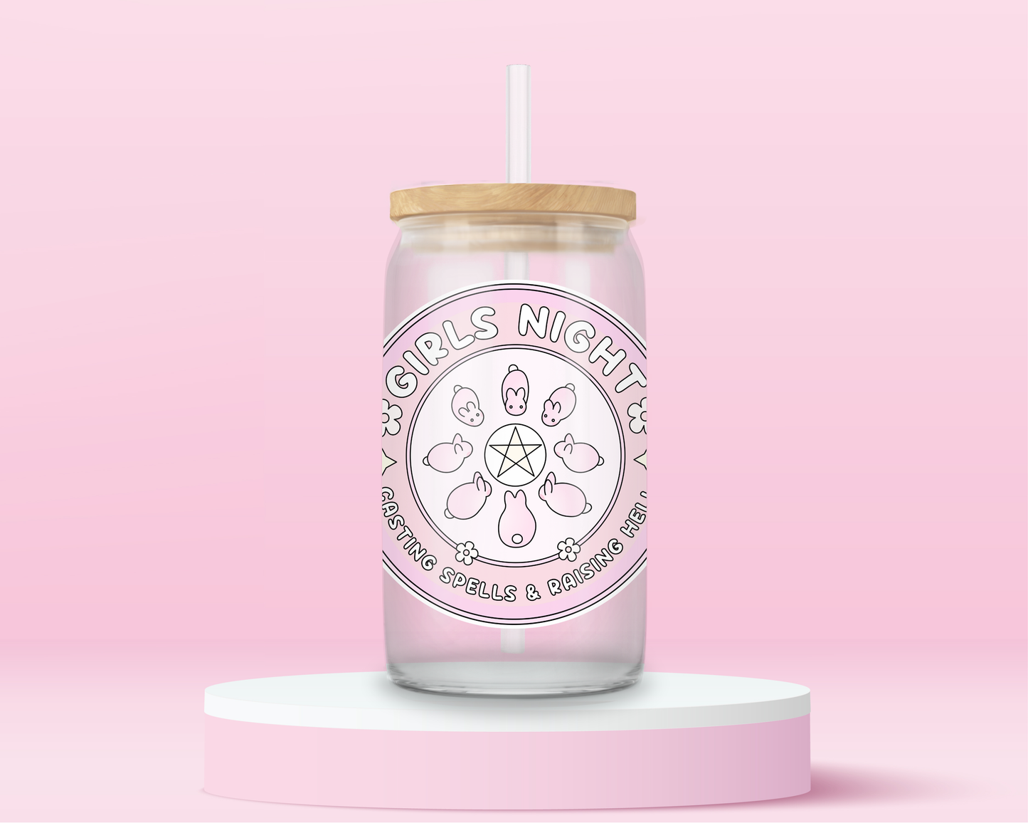 Pink girls night glass can tumbler with witchy bunny circle design, florals, and magical symbols, shown from multiple angles.