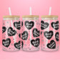 Glass can tumbler with bamboo lid and glass straw featuring black gothic heart designs with the words Good Girl and Villain Lover on a pink background.