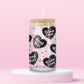 Glass can tumbler with bamboo lid and glass straw featuring black gothic heart designs with the words Good Girl and Villain Lover on a pink background.