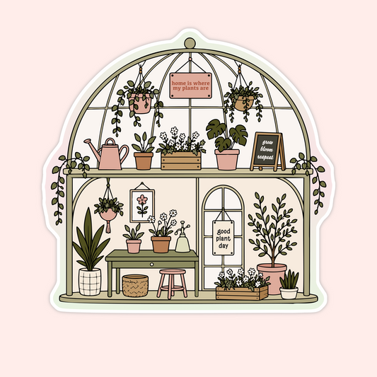 Cozy illustrated greenhouse sticker filled with houseplants, hanging baskets, flowers, gardening tools, and signs that say “good plant day” and “home is where my plants are.”