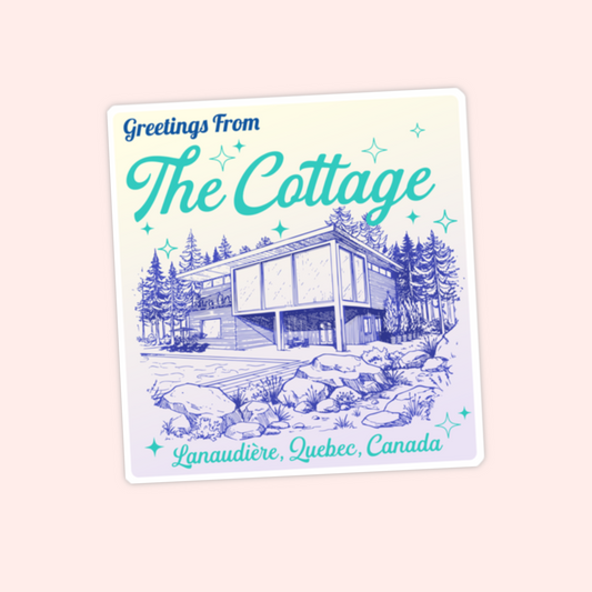 Postcard-style illustrated cottage sticker with forest scenery and the phrase “Greetings From the Cottage,” inspired by Heated Rivalry and summer romance settings.