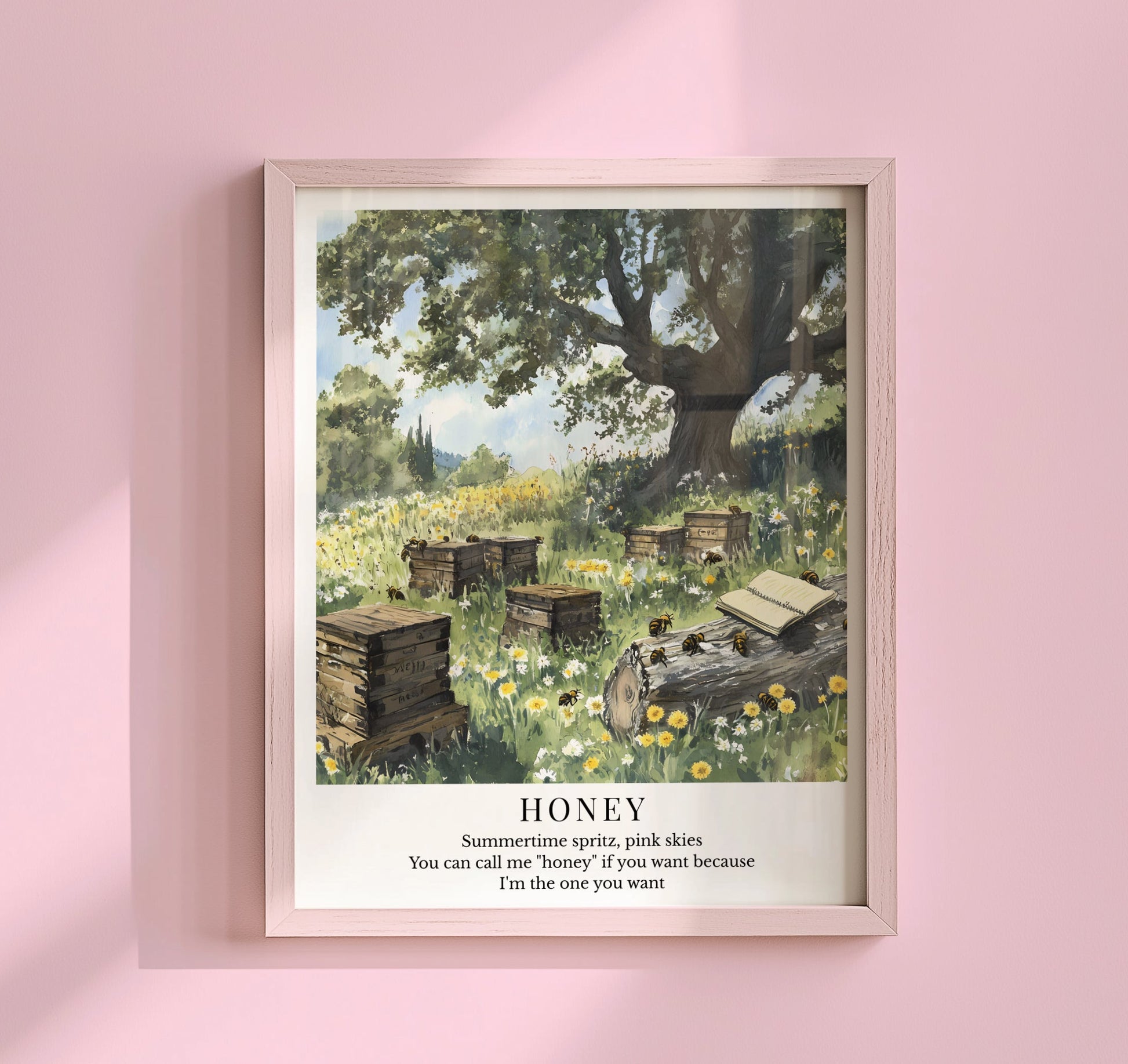Taylor Swift inspired honey themed art print featuring a sunny meadow with bees, flowers, and a cottagecore aesthetic