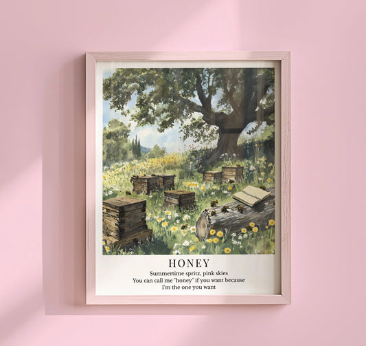 Taylor Swift inspired honey themed art print featuring a sunny meadow with bees, flowers, and a cottagecore aesthetic