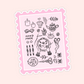 Pink postage stamp style sticker with black line art of embroidery supplies, candles, teapot, florals, scissors, thread, and the word handmade.