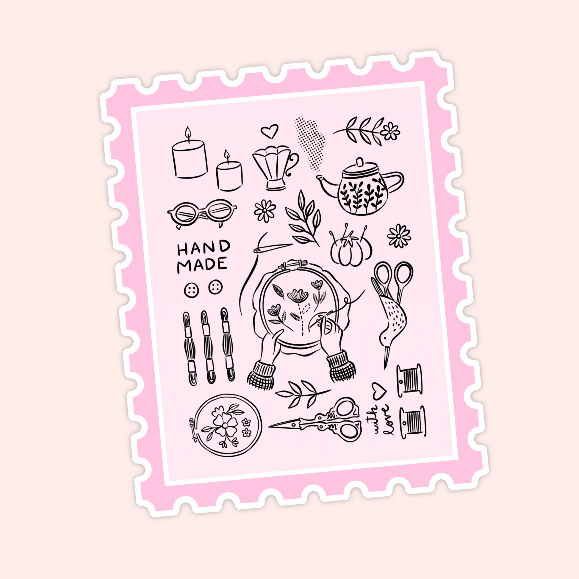 Pink postage stamp style sticker with black line art of embroidery supplies, candles, teapot, florals, scissors, thread, and the word handmade.