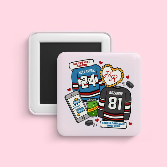 Heated rivalry hockey romance magnet with jerseys and relationship themed illustration