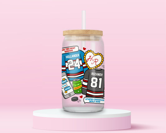 Glass tumbler featuring hockey jerseys with numbers 24 and 81 inspired by Heated Rivalry.