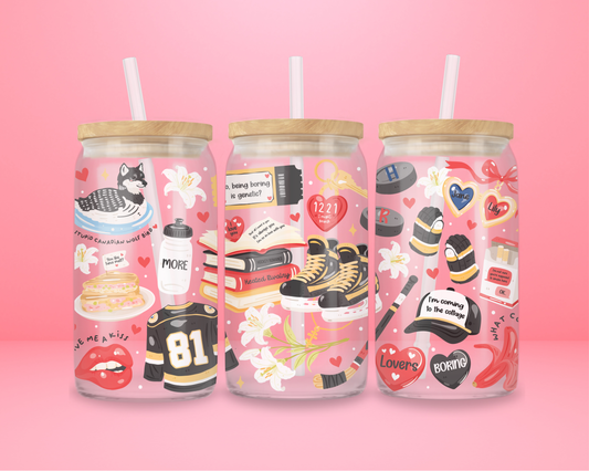 hockey romance glass can tumbler inspired by Heated Rivalry with illustrated books, skates, quotes, and heart icons.
