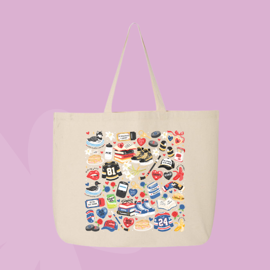 Large hockey romance inspired tote bag with illustrated books, skates, jerseys, hearts, and fan favorite romance reader details.