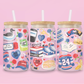 hockey romance glass can tumbler inspired by Heated Rivalry with hockey gear, books, hearts, and illustrated details.