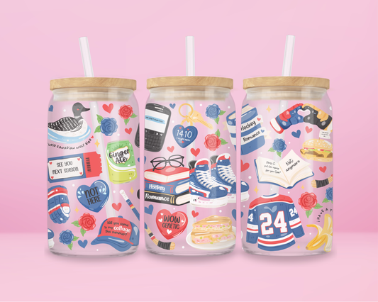 hockey romance glass can tumbler inspired by Heated Rivalry with hockey gear, books, hearts, and illustrated details.