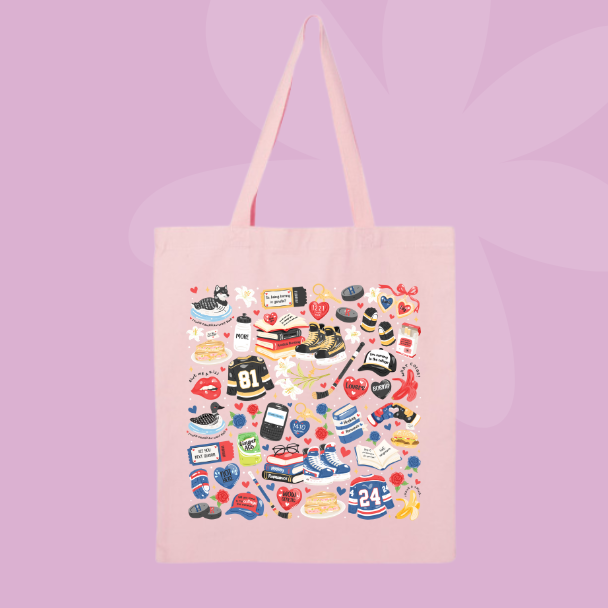 Hockey romance inspired tote bag with illustrated books, skates, jerseys, hearts, and romance reader icons.