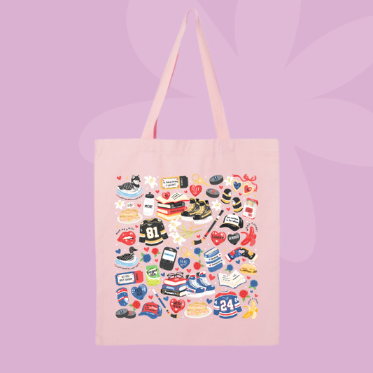 Hockey romance inspired tote bag with illustrated books, skates, jerseys, hearts, and romance reader icons.