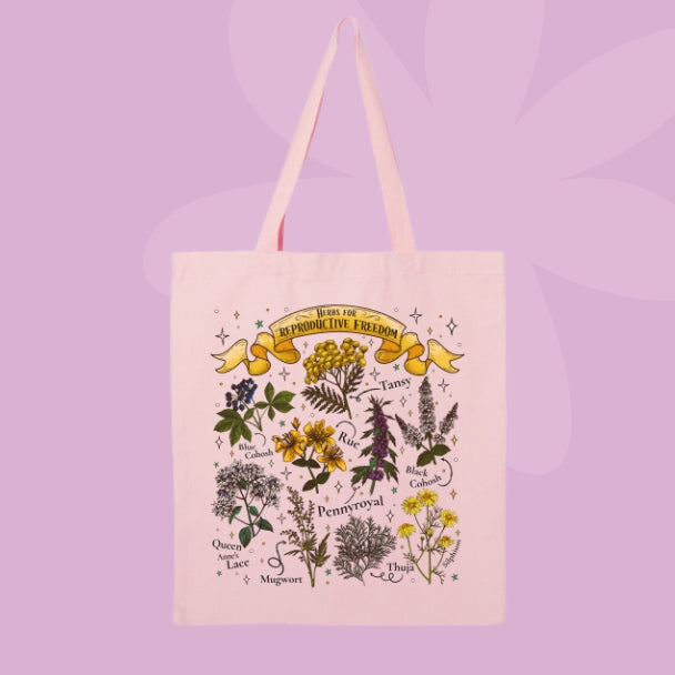 Canvas tote bag featuring botanical illustrations and the phrase herbs for reproductive freedom.