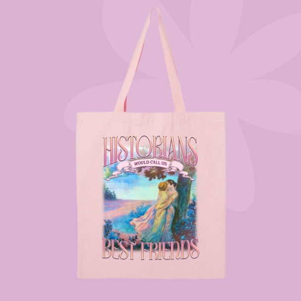 Canvas tote bag featuring romantic vintage artwork and the phrase historians would call us best friends.