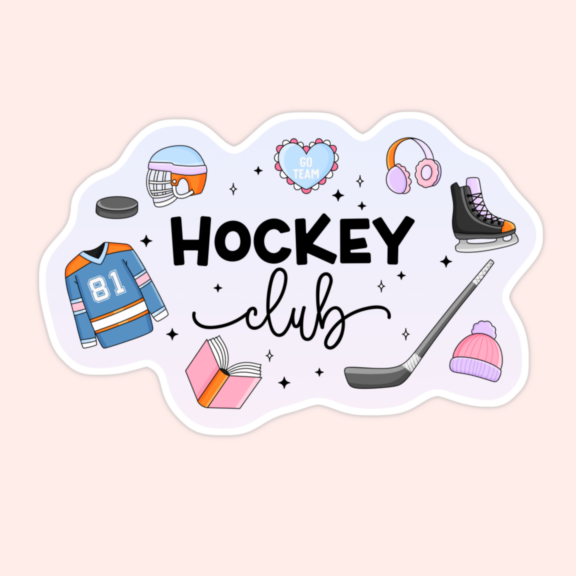 Hockey club sticker with a jersey, helmet, hockey stick, puck, skate, headphones, book, winter hat, and go team heart.