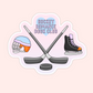 Hockey romance book club sticker with crossed hockey sticks, a puck, helmet, skate, and pastel heart detail.