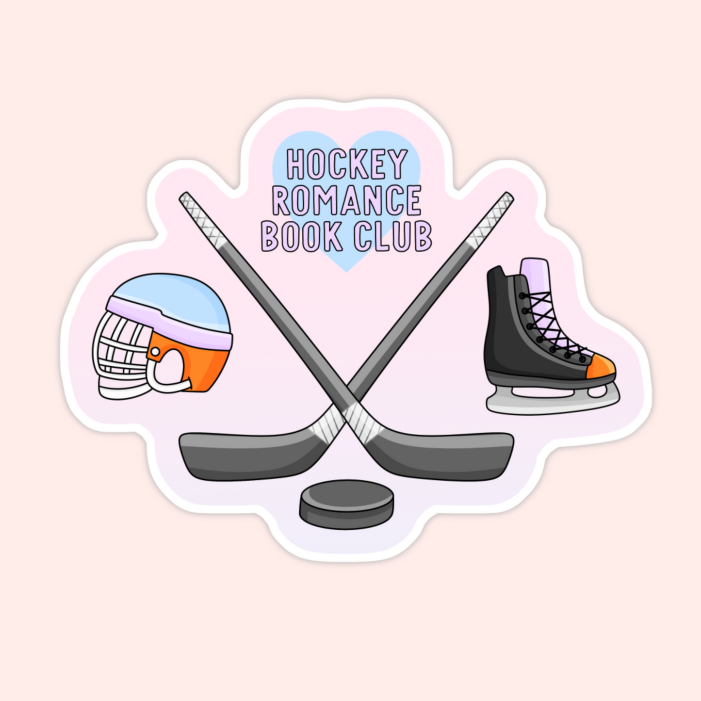 Hockey romance book club sticker with crossed hockey sticks, a puck, helmet, skate, and pastel heart detail.