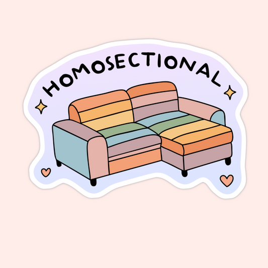 A pastel rainbow-striped sectional couch with the word “Homosectional” written above in bold letters, surrounded by sparkles and hearts.