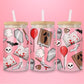 glass tumbler with bloody books, knives, skulls, coffins, bats, red balloons, and horror motifs, with bamboo lid and straw.