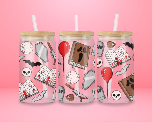 glass tumbler with bloody books, knives, skulls, coffins, bats, red balloons, and horror motifs, with bamboo lid and straw.
