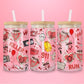 Pink horror movie themed glass tumbler featuring slasher icons, creepy graphics, and spooky movie references.