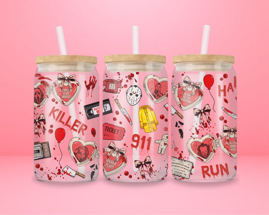 Pink horror movie themed glass tumbler featuring slasher icons, creepy graphics, and spooky movie references.