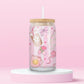 “Girly essentials tumbler with makeup and iced coffee icons – pink aesthetic drink cup for hot girls.”