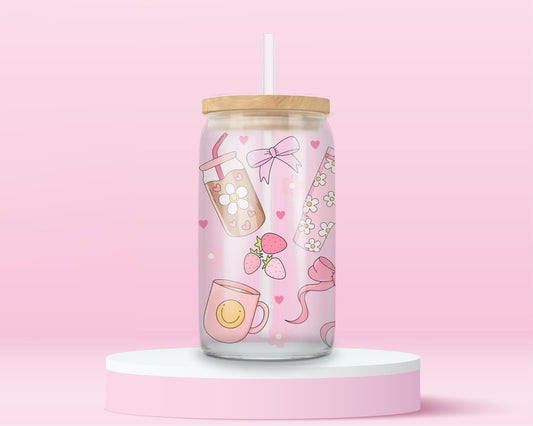 “Girly essentials tumbler with makeup and iced coffee icons – pink aesthetic drink cup for hot girls.”
