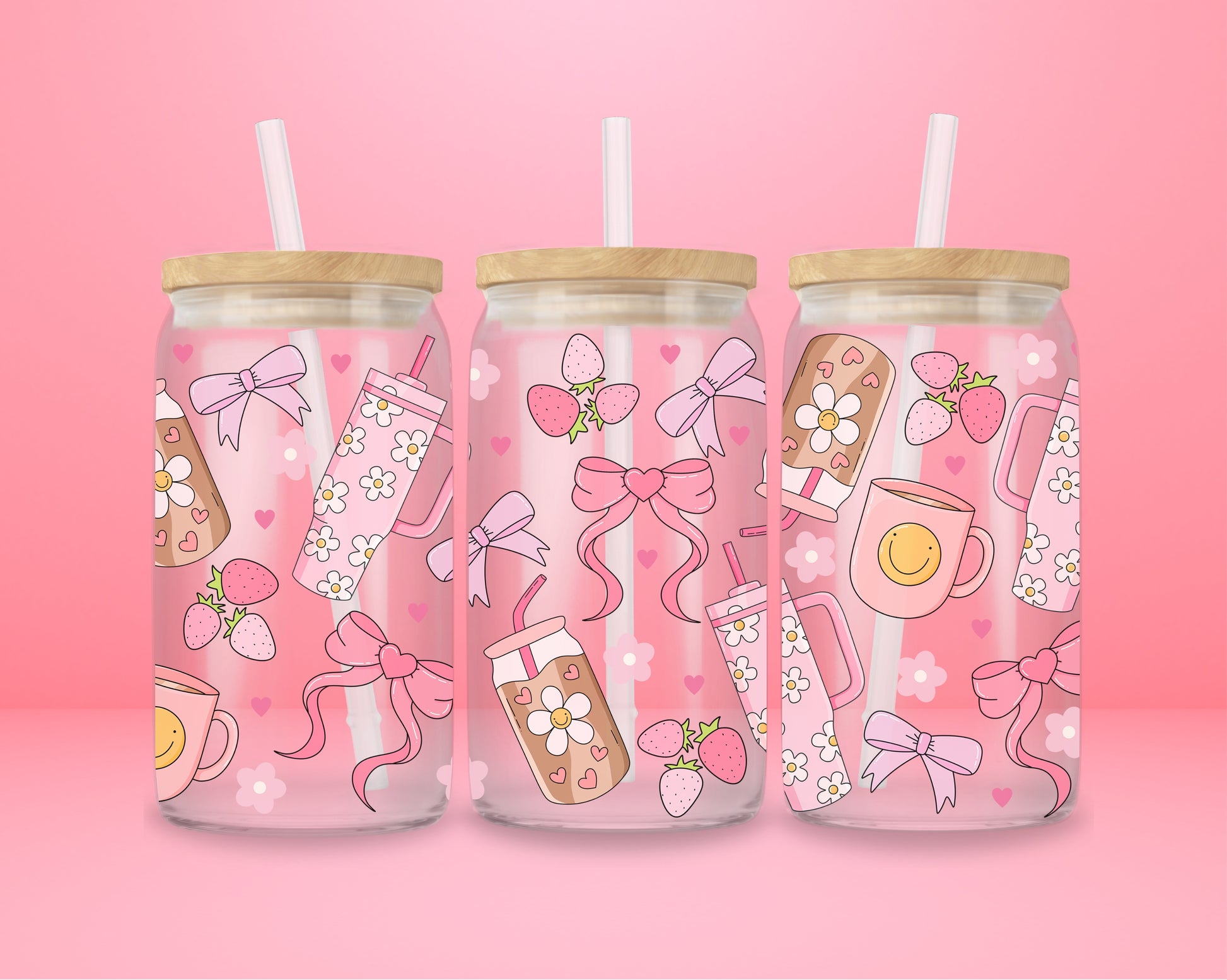 “Girly essentials tumbler with makeup and iced coffee icons – pink aesthetic drink cup for hot girls.”