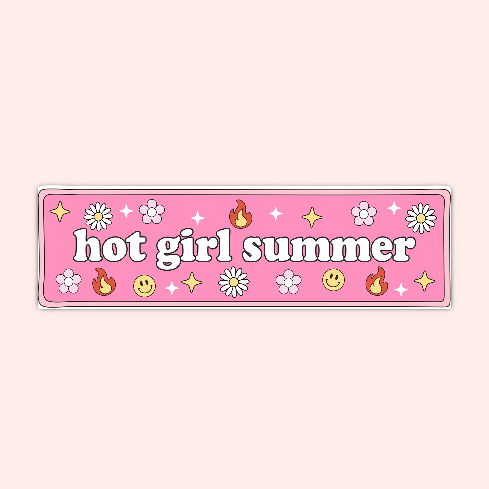 A hand holding a pink bumper sticker that says "hot girl summer" surrounded by daisies, flames, smiley faces, and sparkles.
