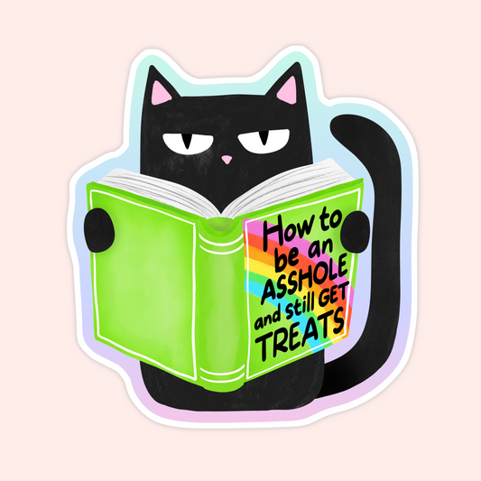 Black cat holding a green book titled “How to be an asshole and still get treats” with a rainbow accent on the cover.