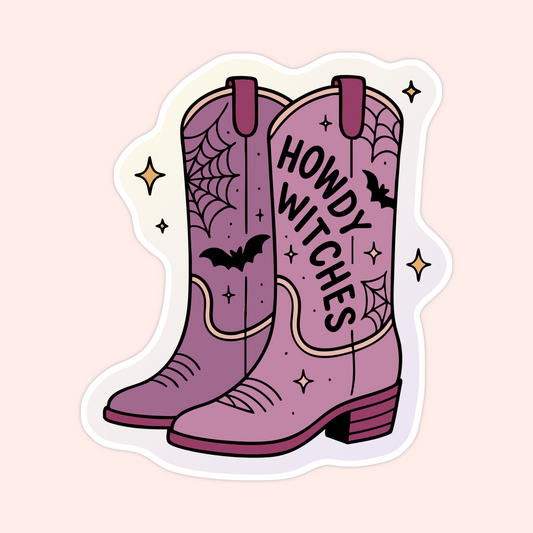 Sticker of purple cowboy boots with cobwebs, bats, and the words “Howdy Witches.”