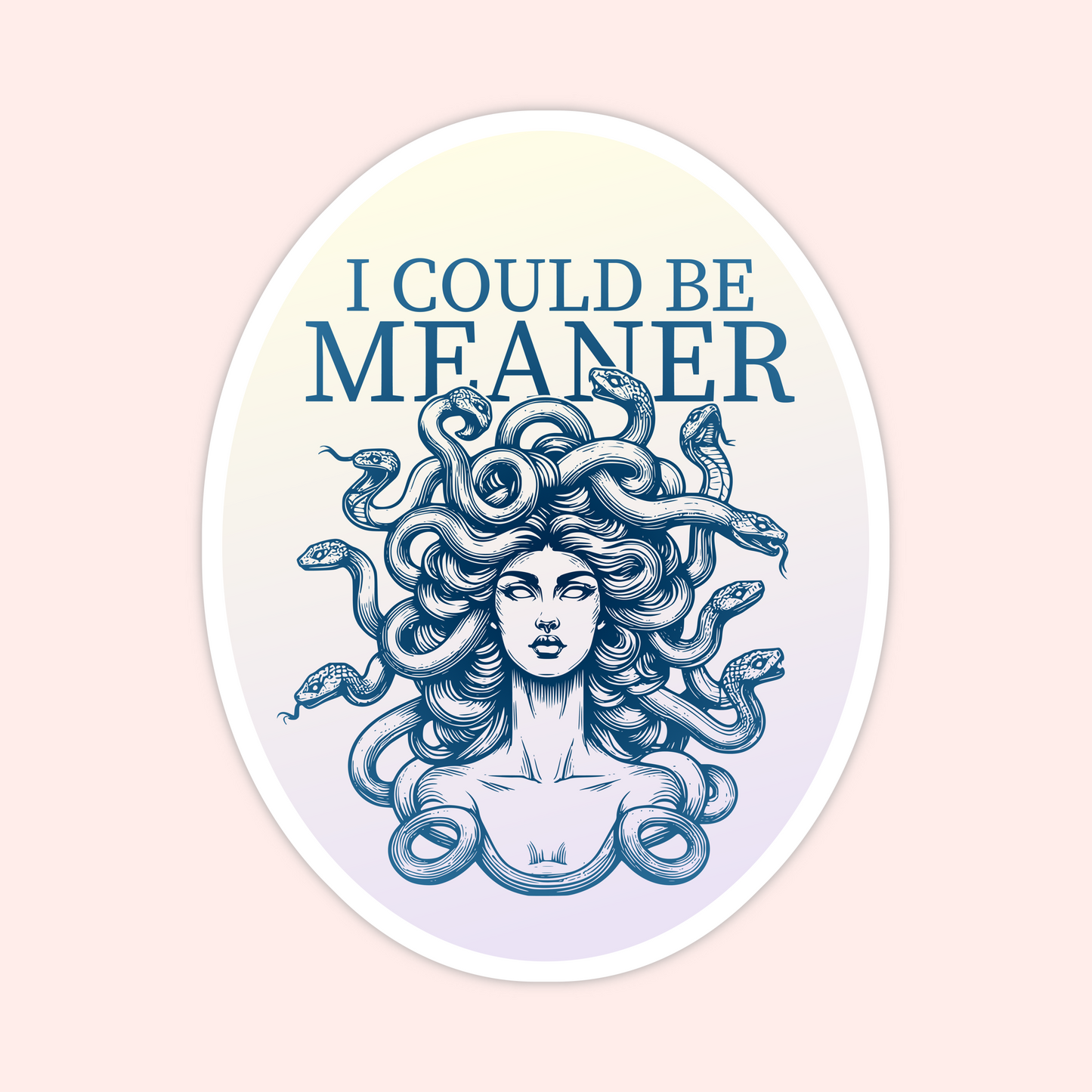 Medusa illustration sticker with snakes for hair and text that says “I could be meaner,” dark feminine mythology aesthetic sticker.