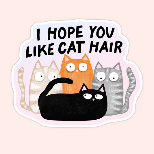 Group of cartoon cats in different colors with the phrase “I hope you like cat hair” on a soft pastel background.