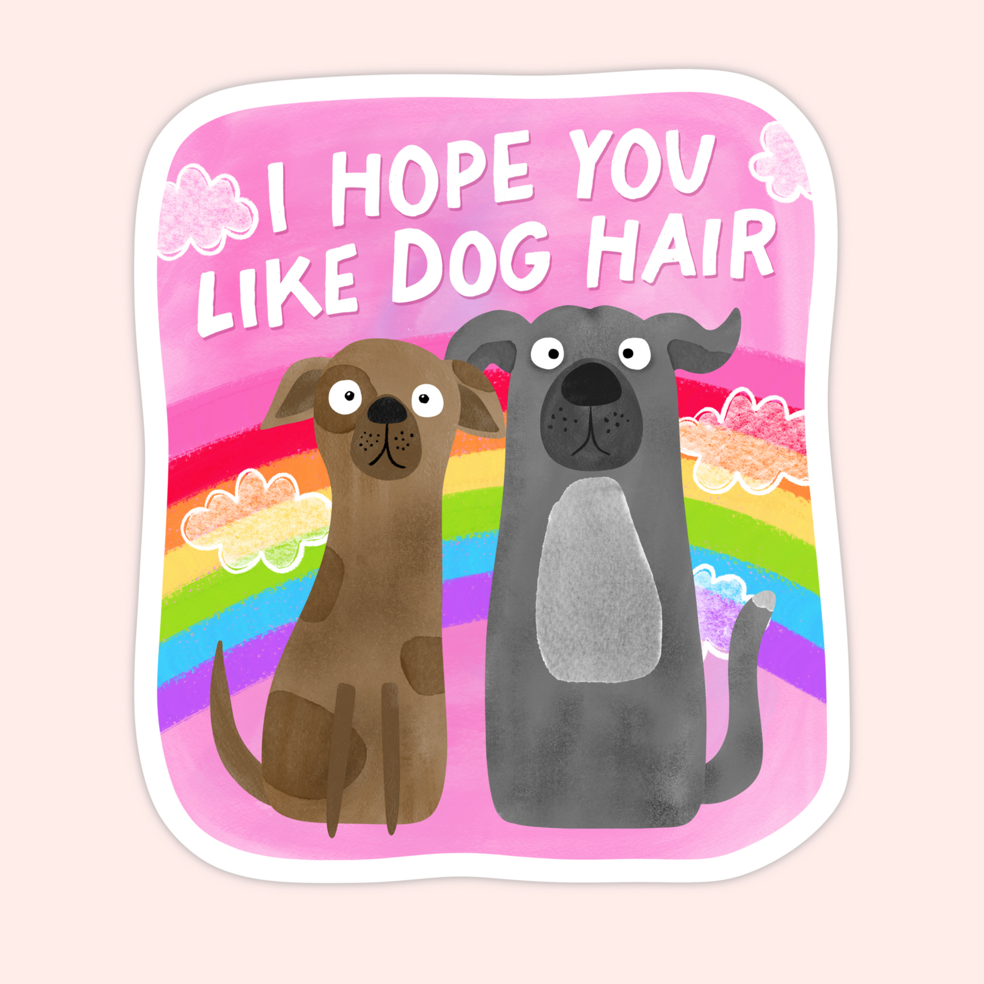 Two illustrated dogs sitting together in front of a rainbow with the phrase “I hope you like dog hair” on a pink background.