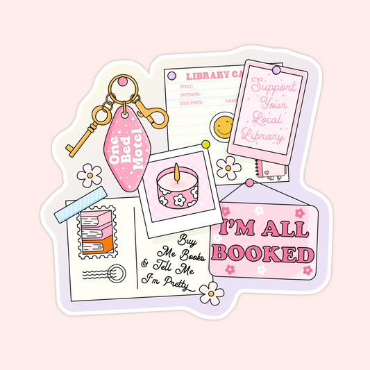 A pink bookish collage featuring a motel keychain, library card, candle, postcards, and the phrase “I’m All Booked.”