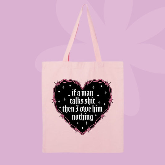 Canvas tote bag with gothic heart graphic and lyric if a man talks shit then I owe him nothing inspired by a Taylor Swift song.