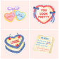 Illustrated Heated Rivalry sticker collection featuring candy heart quotes, a “You look pretty” heart, a lovers cake, and a humorous HR News newspaper.